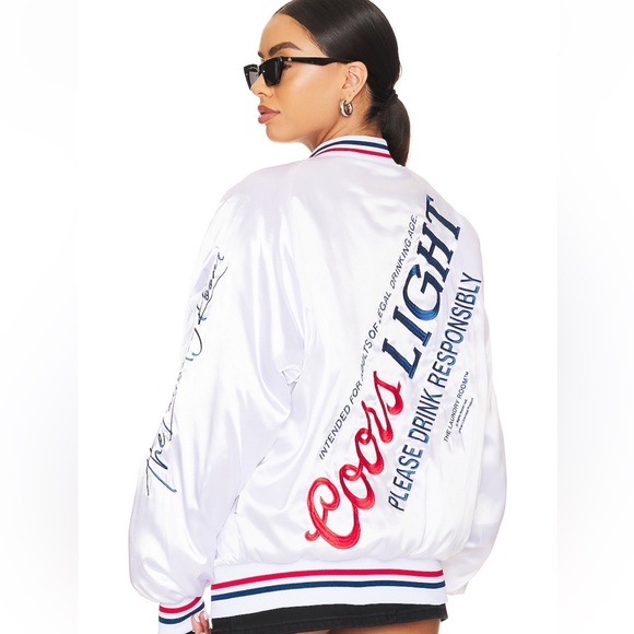 The Laundry Room Jackets & Blazers - The Laundry Room White Bomber Jacket with Red & Navy Coors Light Script